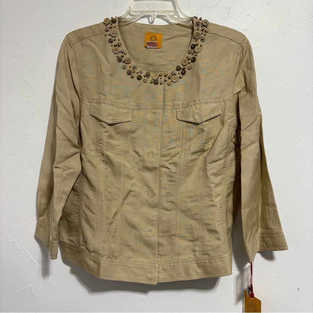 Ruby Rd. Women's Linen Blazer Tan Neutral Khaki Snap closure 3/4 Sleeve Button